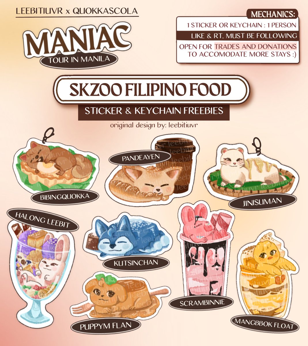 MANIAC IN MANILA FREEBIES 💌 hi mnl stays! @quokkascola and i will be giving out skzoo keychains and stickers at #MANIACinMANILA 💚 like, rt, and follow for updates! 🖤 super limited qty 💚 loc & time: TBA 🖤 see thread for more details see you on d-day 🫶🏻! #SKZinMANILA2023