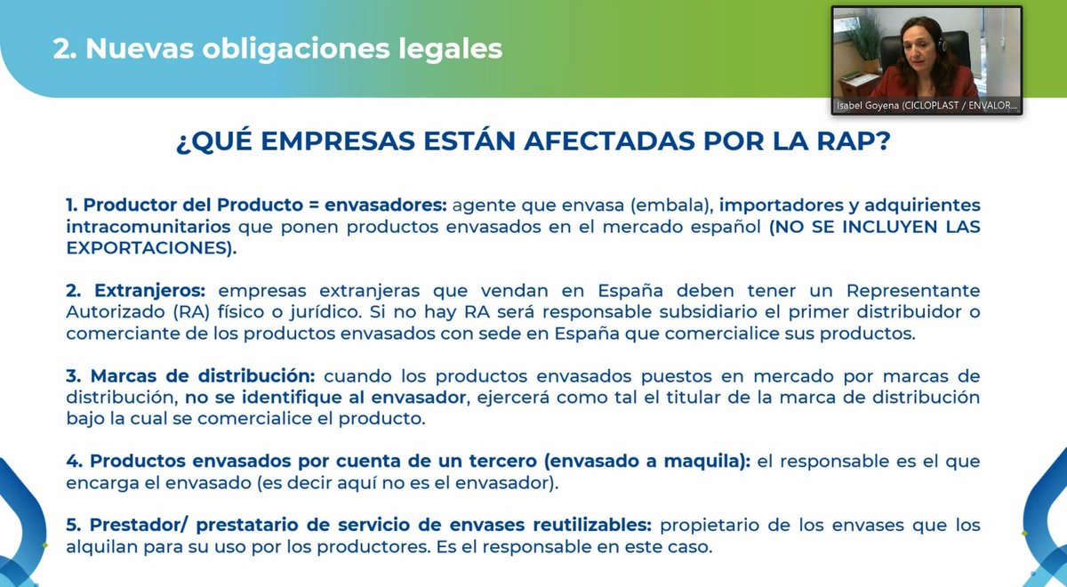 #WebinarSernauto🚘⚙️♻️ Estas son las empresas afectadas por la "Responsabilidad ampliada del productor" según el nuevo D.R. de #Envases #Residuos Lo explica Isabel Goyena, directora de <a href="/Cicloplast_com/">Cicloplast</a> y del proyecto #ENVALORA 📸👇
