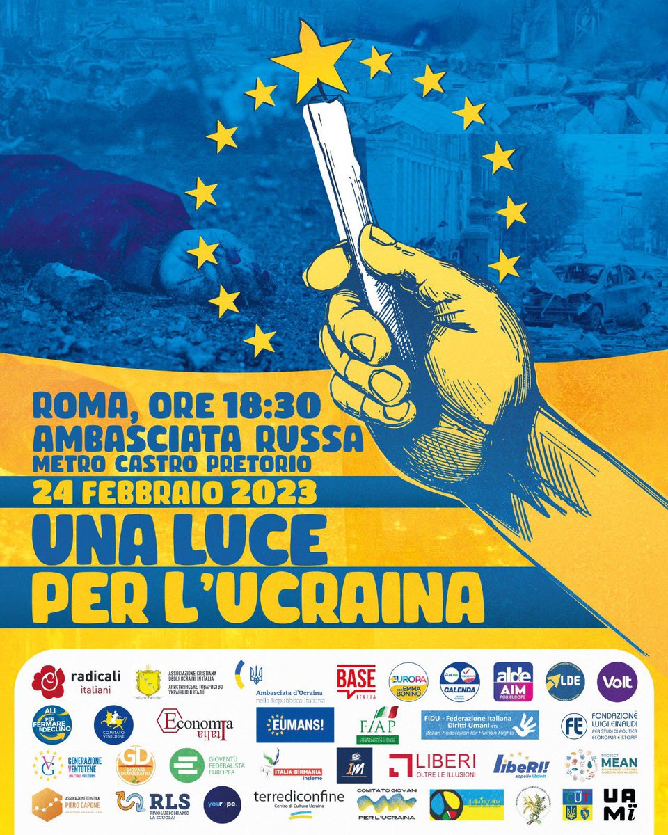 ✔️con l’Ucraina, 
facciamo avanzare la Pace.

✔️Cessate il fuoco e ritiro delle truppe russe dai territori occupati. 

Ad 1 anno dall’invasione russa dell’Ucraina. 

Domani alle 18.30. 
A Roma, Davanti all’ambasciata russa 
Fermata Castro Petrorio. 

🇪🇺🇺🇦🇪🇺🇺🇦🇪🇺🇺🇦🇪🇺🇺🇦