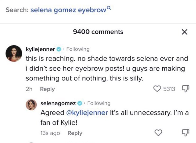 Selena Gomez responde ao esclarecimento de Kylie Jenner no vídeo de uma fã no TikTok, onde Kylie explica que não envia indireta para ninguém: 'Estou de acordo. Tudo isso é desnecessário. Sou fã da Kylie!”