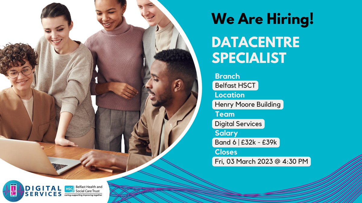 BHSCT_IT's tweet photo. We are recruiting for a Band 6 Datacentre Specialist

The post holder will assist managing the 
day-to-day operations of proactive IT systems.

For more information, or to apply: https://t.co/FqAMpNJZ0y

Closing date is Friday 03 March 2023 at 4:30PM

Be Proud, Be Part of It. https://t.co/iwCpTKtJJJ