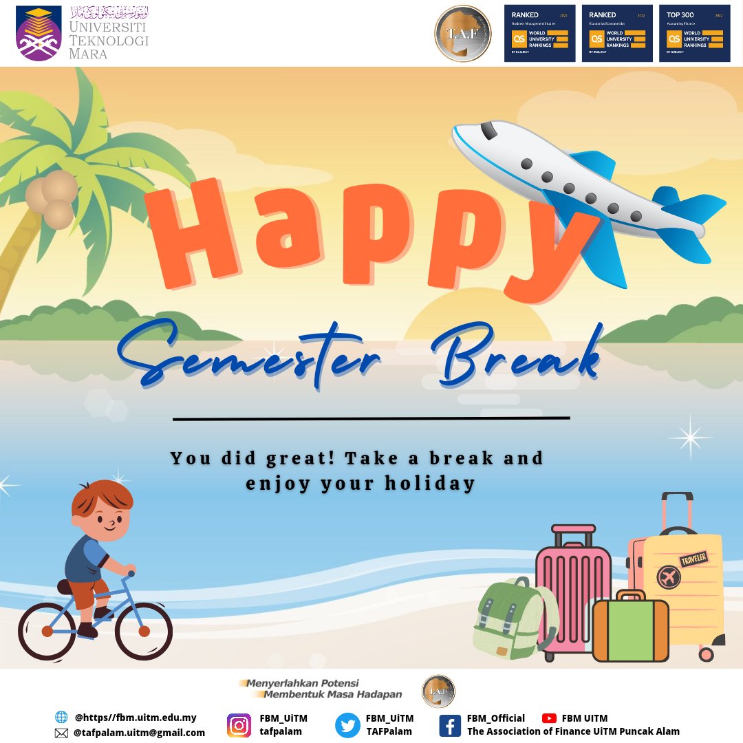 TAFPalam's tweet photo. HAPPY SEMESTER BREAK 🥳

Congratulations, and may all your hard work pay off.

Enjoy your time catching up on sleep, movie, or k-drama marathon.

Stay safe everyone, and see you next semester ! 

#TAFPalam
#TAFHuss
#UiTMPuncakAlam
#UiTMdihatiku https://t.co/72Ab6pwFrW