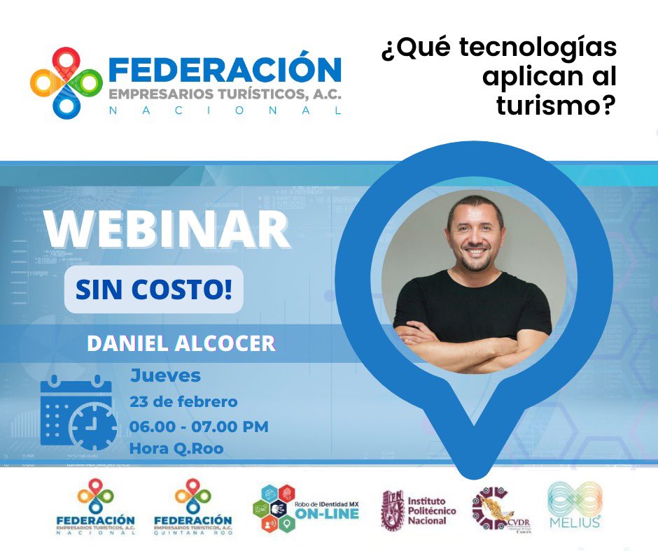 feturnacional's tweet photo. ES HOY!! 

#Webinar

 Con nuestro experto Daniel Alcocer

*🗺”¿Qué tecnologías aplican al turismo?".*

 📅* 23 de febrero*⁠

⏰ *5:00 PM Hora CDMX * (6:00 PM Hora Q.Roo)

*Registrate aquí *
👇👇👇👇👇👇
https://t.co/k4wZLVaqgs

*CÓMPARTE!*

#TuristerosUnidos

*Cupo limitado * https://t.co/hasFxlb1GU