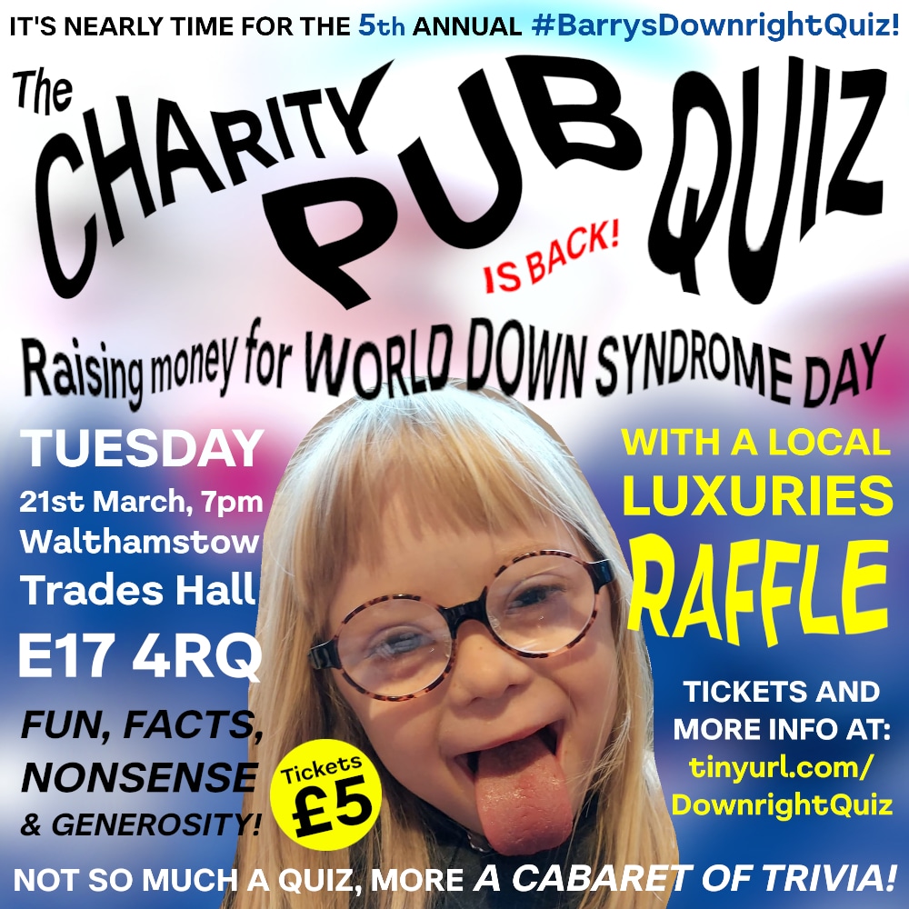 Celebrate #WDSD2023 at my quiz for people who don't normally like quizzes! Please share! TICKETS>>tinyurl.com/downrightquiz #TeamT21