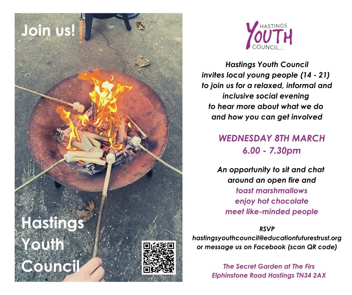 Calling local young people (14-21)✨
Join us for our HYC social event!
Wed 8 March 6-7.30pm
The Secret Garden at The Firs #Hastings 
Sit &amp; chat around an open fire/toast marshmallows/meet like-minded people/Hear more about what we do
hastingsyouthcouncil@educationfuturestrust.org