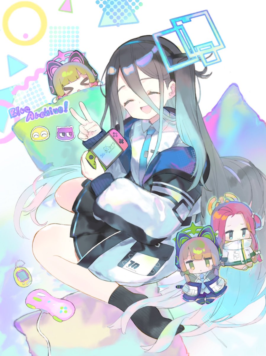 aris (blue archive) ,midori (blue archive) ,momoi (blue archive) halo multiple girls 4girls v long hair closed eyes game controller  illustration images