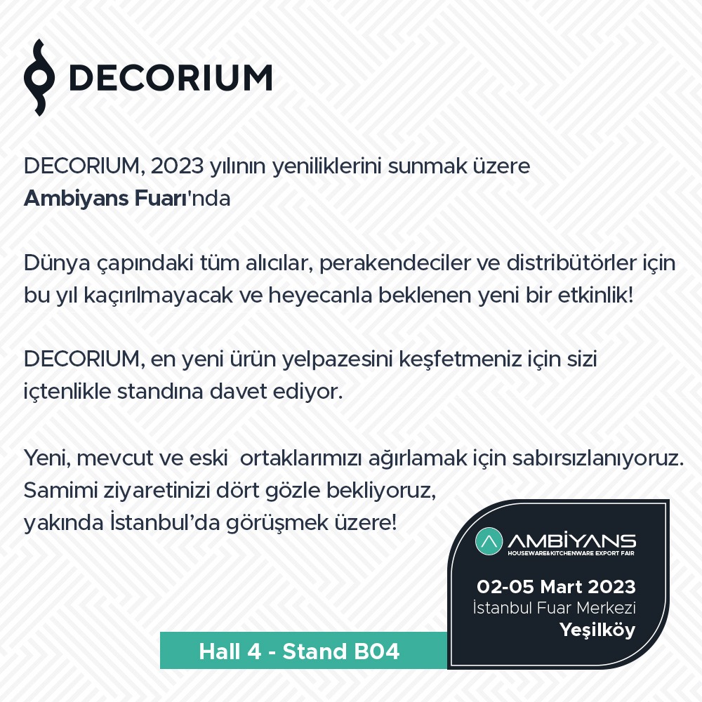DECORIUM, 2023 yılının yeniliklerini sunmak üzere Ambiyans Fuarı'nda.

➡️ Salon 4 - Stand B04'te yer alacağız
📆 2-5 Mart 2023 tarihleri arasında görüşmek üzere
📍 İstanbul Fuar Merkezi Yeşilköy, Türkiye 

Siz de orada olacak mısınız?

#decorium #istanbul

@ambiyansfair <a href="/GeemDer/">GEEM</a>