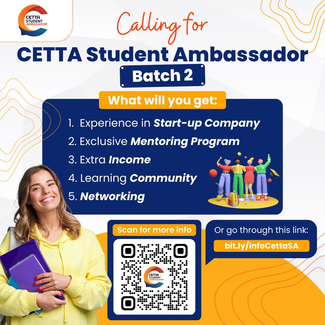 utfess's tweet photo. Untuk para mahasiswa yang lagi cari kesempatan intern online dan potensi tambahan income, Cetta lagi buka kesempatan untuk menjadi Student Ambassador nih, detail infonya boleh ke link https://t.co/VXTaybmFIo ya atau scan barcode yang ada di poster. https://t.co/7mriXY7m9s