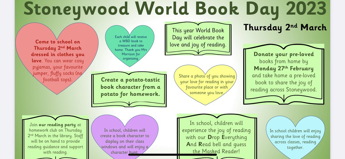 MissKSmith2's tweet photo. We are so excited for @WorldBookDayUK at @Stoneywood_1 #sharetheloveofreading #WorldBookDay2023 #weachievetogether #readingparty #maskedreader #donateprelovedbooks #readingtogether #potatobookcharacters https://t.co/xoqzG42B5W