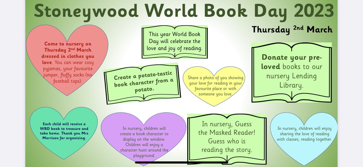 We are so excited for @WorldBookDayUK at @Stoneywood_1 #sharetheloveofreading #WorldBookDay2023 #weachievetogether #readingparty #maskedreader #donateprelovedbooks #readingtogether #potatobookcharacters