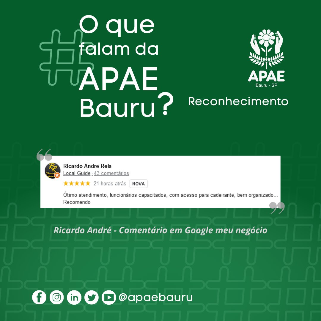 apaebauru's tweet image. Oferecer a melhor qualidade e humanização na prestação dos serviços está na missão da APAE Bauru. 💛

Obrigada, Ricardo André, pelo carinho e reconhecimento ao nosso trabalho e equipe. 🙏

@apaebrasil

#apae #apaebauru #bauru
#inclusão #trabalhohumanizado