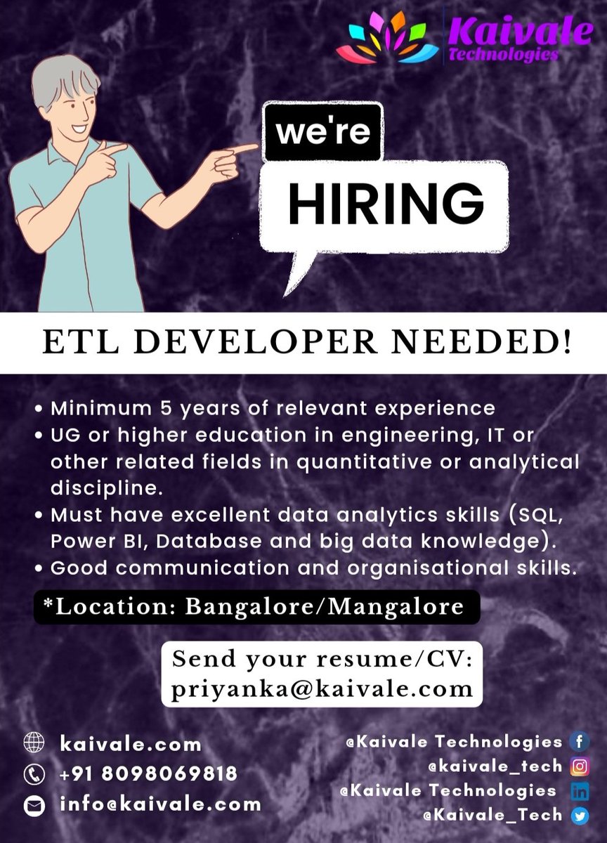 Urgent requirement !
ETL developer needed with adequate experience and knowledge. If the requirements are met kindly do contact us. 
Thank you.
#etldeveloper #developer #hiring #itjobs #softwareengineering #etl  #informationtechnology