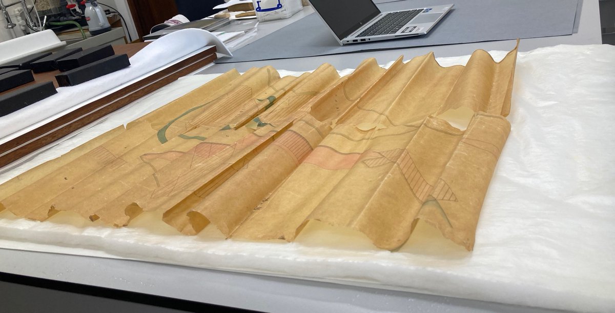 UKParlArchives's tweet photo. A recent conservation project by our fantastic collection care team working on repairing and preserving tracing paper documents. This 1884 plan has brittle paper, especially on fold lines. They used water vapour to relax the paper. Here is the before and after. #TowerA-Z https://t.co/z2m5PJfKUB