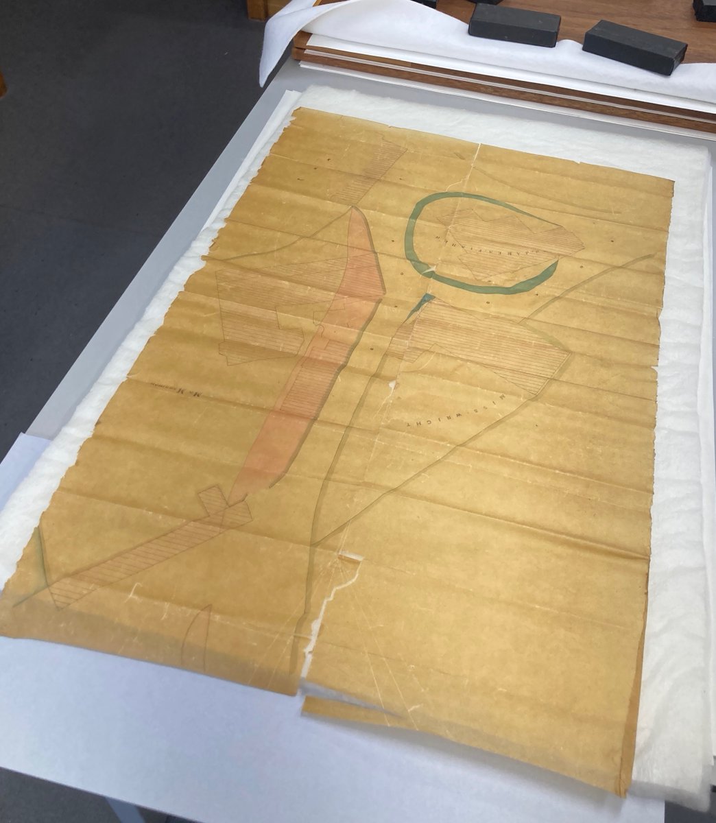 UKParlArchives's tweet photo. A recent conservation project by our fantastic collection care team working on repairing and preserving tracing paper documents. This 1884 plan has brittle paper, especially on fold lines. They used water vapour to relax the paper. Here is the before and after. #TowerA-Z https://t.co/z2m5PJfKUB