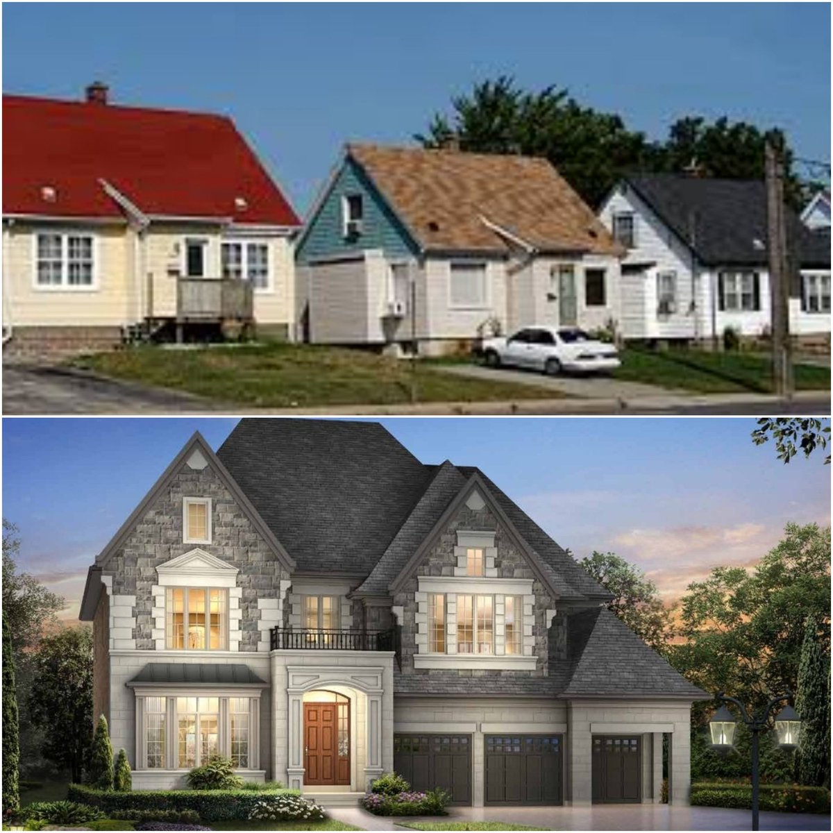 The home on the bottom will not solve Ontario's housing crisis it only exacerbates it. The 3 'war homes' together have the same sq ft² of one 'FordNation home' and house 3 families instead of 1. Why aren't we building simple homes? Doug Ford's developer buddies need big profits.