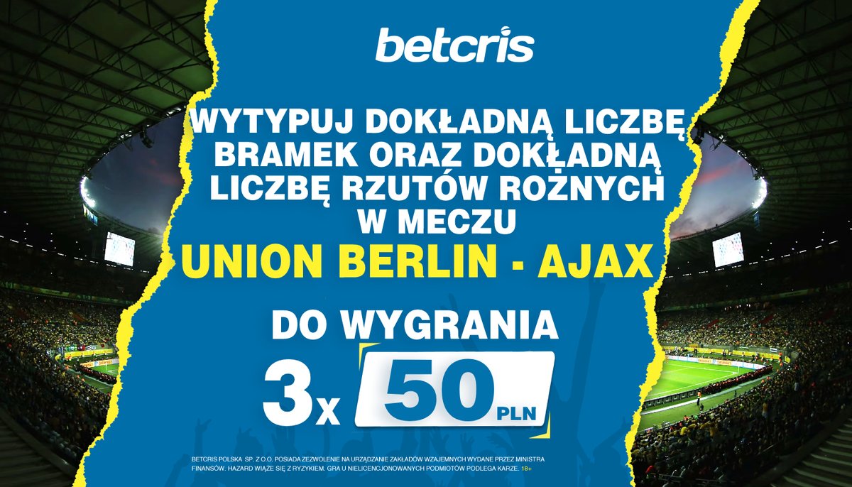Betcris Polska (@betcrispl) on Twitter photo 📢KONKURS!
➡️Wytypuj w komentarzu dokładną liczbę bramek i dokładną liczbę rzutów rożnych w meczu Union Berlin - Ajax (np. 3 gole, 9 rożnych), polub <a href="/BetcrisPL/">Betcris Polska</a> oraz podaj dalej ten post.
➡️3 najszybsze, poprawne odpowiedzi nagrodzimy freebetem 50 PLN💰
⬇️Czekamy na typy do 20:59. 📢KONKURS!
➡️Wytypuj w komentarzu dokładną liczbę bramek i dokładną liczbę rzutów rożnych w meczu Union Berlin - Ajax (np. 3 gole, 9 rożnych), polub <a href="/BetcrisPL/">Betcris Polska</a> oraz podaj dalej ten post.
➡️3 najszybsze, poprawne odpowiedzi nagrodzimy freebetem 50 PLN💰
⬇️Czekamy na typy do 20:59.