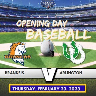live_texan's tweet photo. Brandeis 🆚 Arlington |Varsity Baseball
Broncos @ Colts   
📆 :Thursday, February 23, 2023
⏰ : 11:30 AM
📺 : https://t.co/IyDHqPZctY

@SaBrandeis @NISDBrandeis
@CBruce_Sr  @CoachKDMattox @BrandeisHSCheer 
@BroncosBrandeis  @BroncoHardball
@Marc52798573 @pnelly73 https://t.co/BtHIX3LTqV