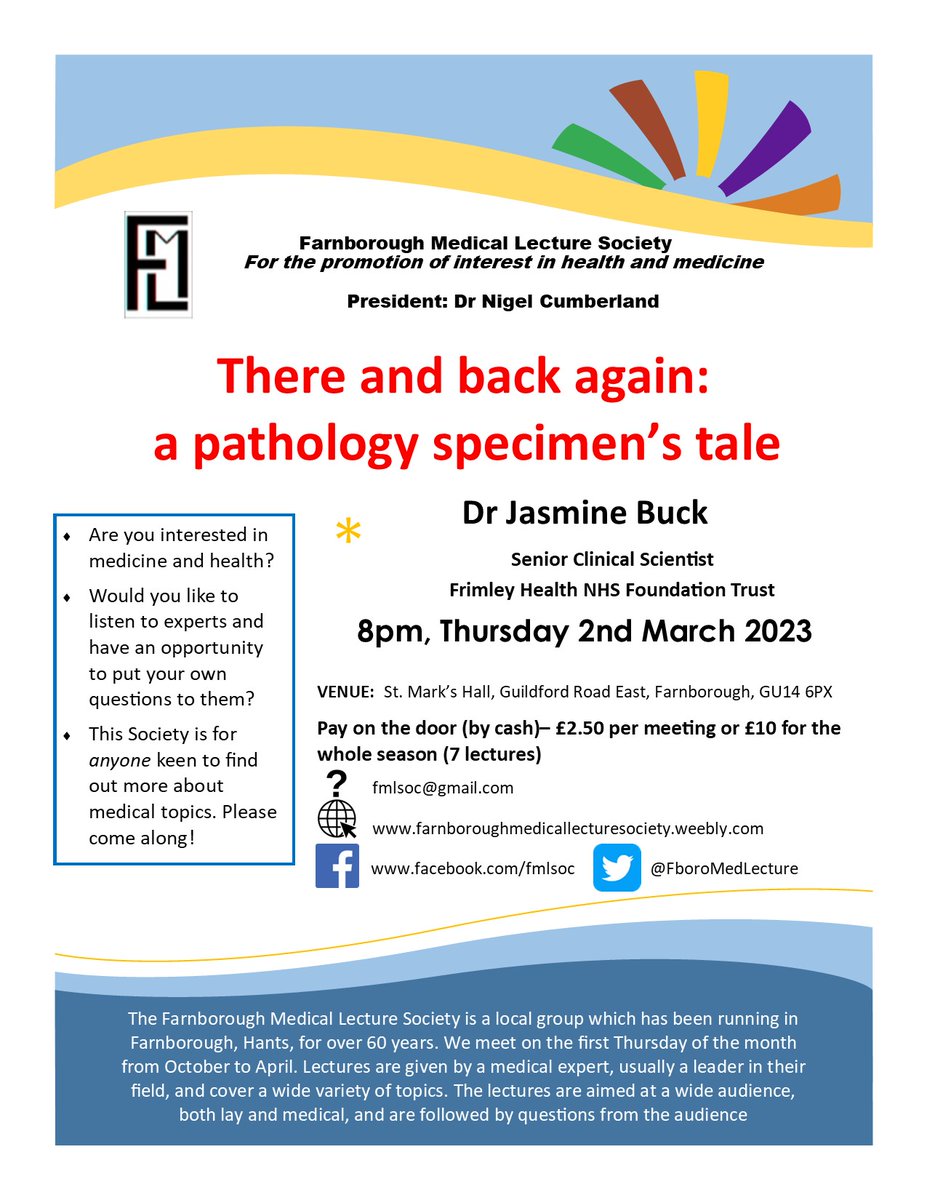 FboroMedLecture's tweet image. It’s story time at the Farnborough Medical Lecture Society next Thursday (2nd March): ‘There and back again: a pathology specimen’s tale’ by Dr Jasmine Buck @FrimleyHealth. We meet at St Mark’s Hall in Farnborough at 8pm. Visitors welcome