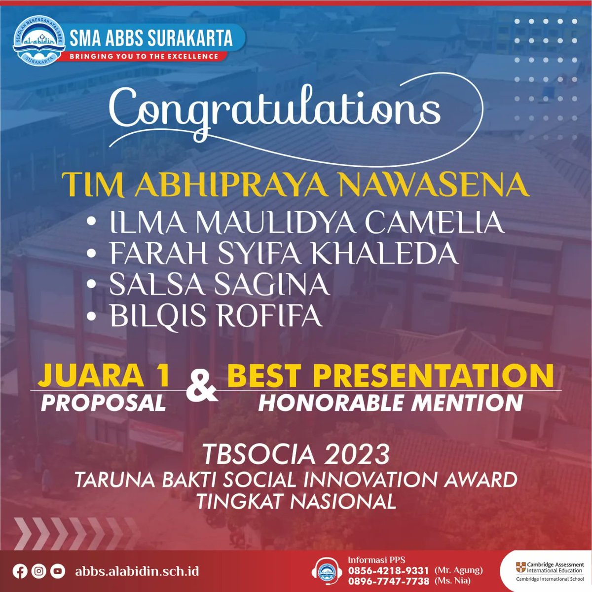 SMAABBS's tweet photo. Barokallah..
▶️Ilma Maulidya Camelia/X.MIPA 9
▶️Farah Syifa Khaleda/X.MIPA 7
▶️Salsa Sagina/X.MIPA 10
▶️Bilqis Rofifa/X.MIPA 10
🥇Juara 1 Proposal Taruna Bakti Social Innovation Award Tingkat Nasional
🎖️Honorable Mention : Presentation (Presentasi Terbaik) Tingkat Nasional https://t.co/GfRSapcXfF