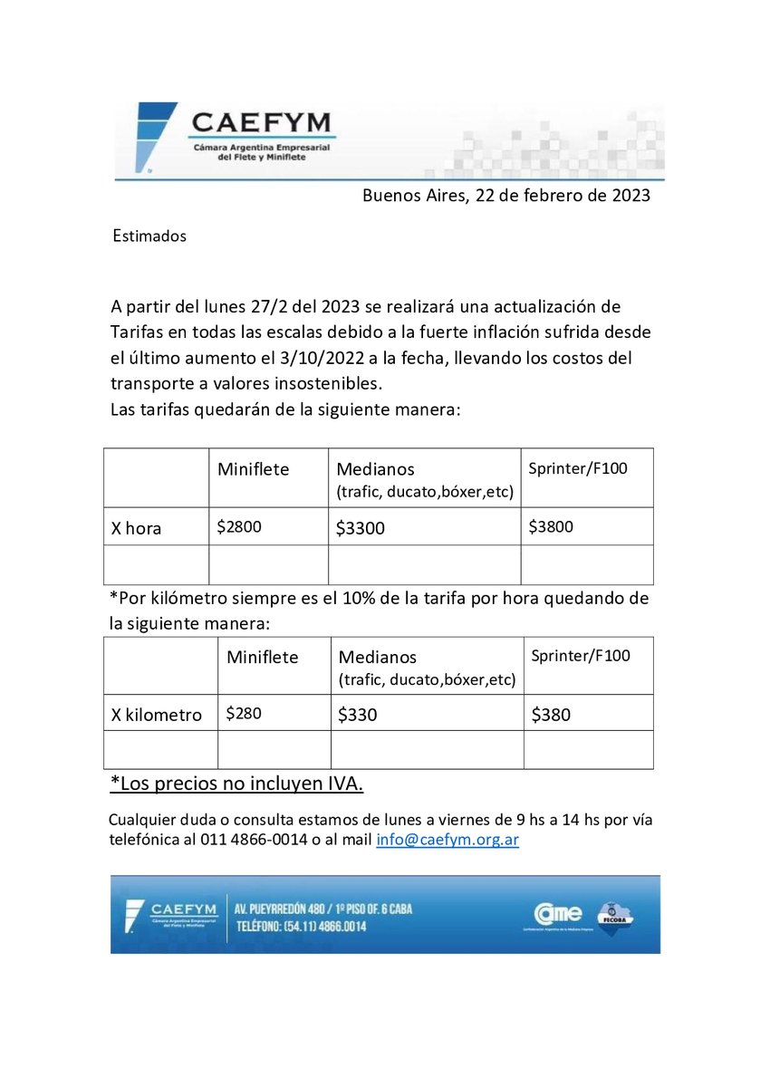 AUMENTO TARIFAS CAEFYM FEBRERO 2023