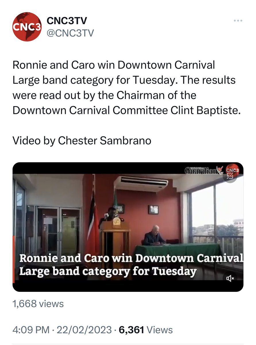 ChambersMedia_'s tweet photo. Today we #PRESSPLAY: Congratulations @RonnieandCaro on a well deserved win for The Band of the Year title in Downtown Carnival 2023! 🎉

Ronnie and Caro won with its presentation, This is Paradise! 

The results were announced by members of the #POSCC at City Hall yesterday. https://t.co/66mCbaHZxh