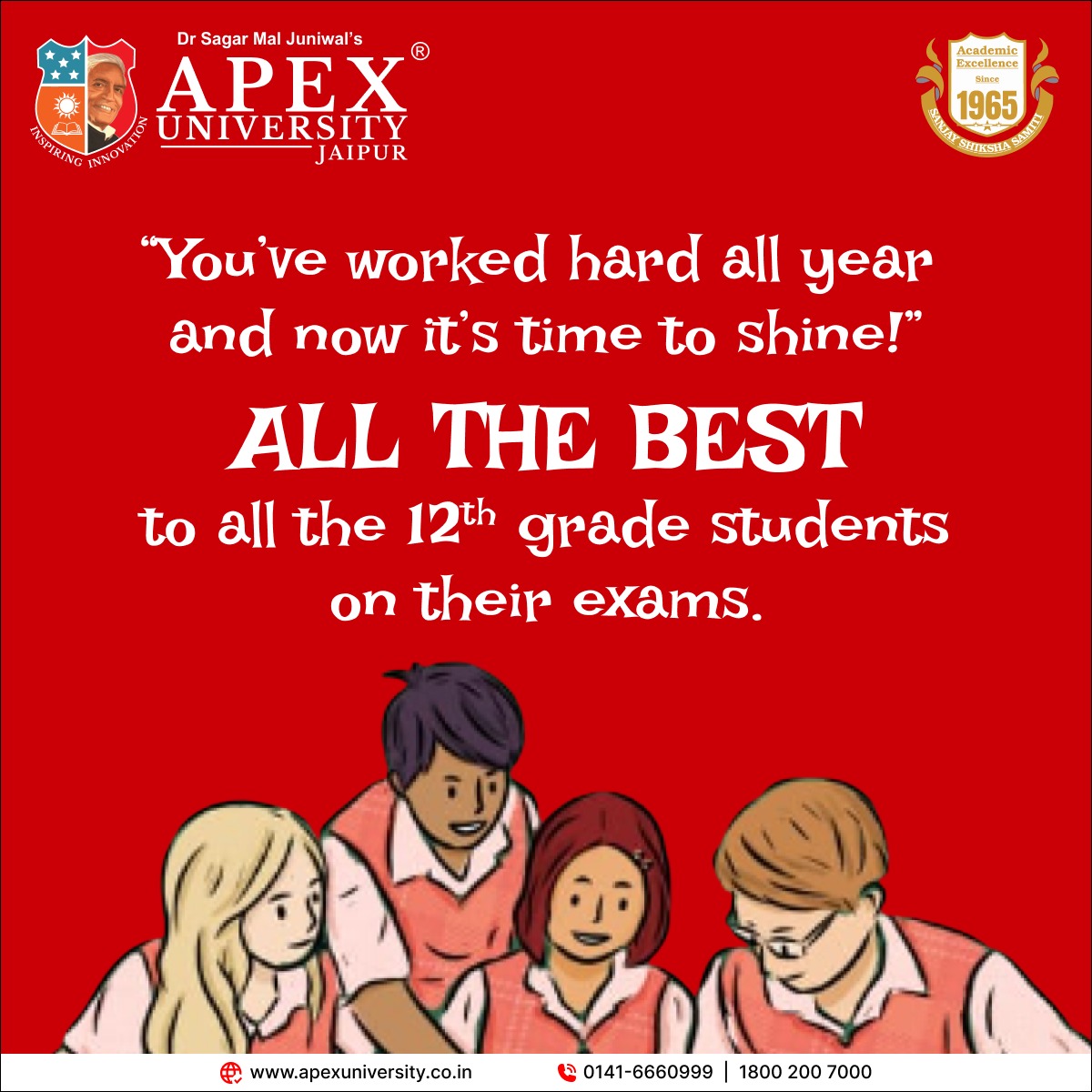 'You've worked hard all year, and now it's time to shine!'
ALL THE BEST to all the 12th grade students on their exams.

#12th #12thclass #12thstudents #allthebest #apexinternationalschool #apexschooljaipur #bestschoolinjaipur #topschoolinjaipur