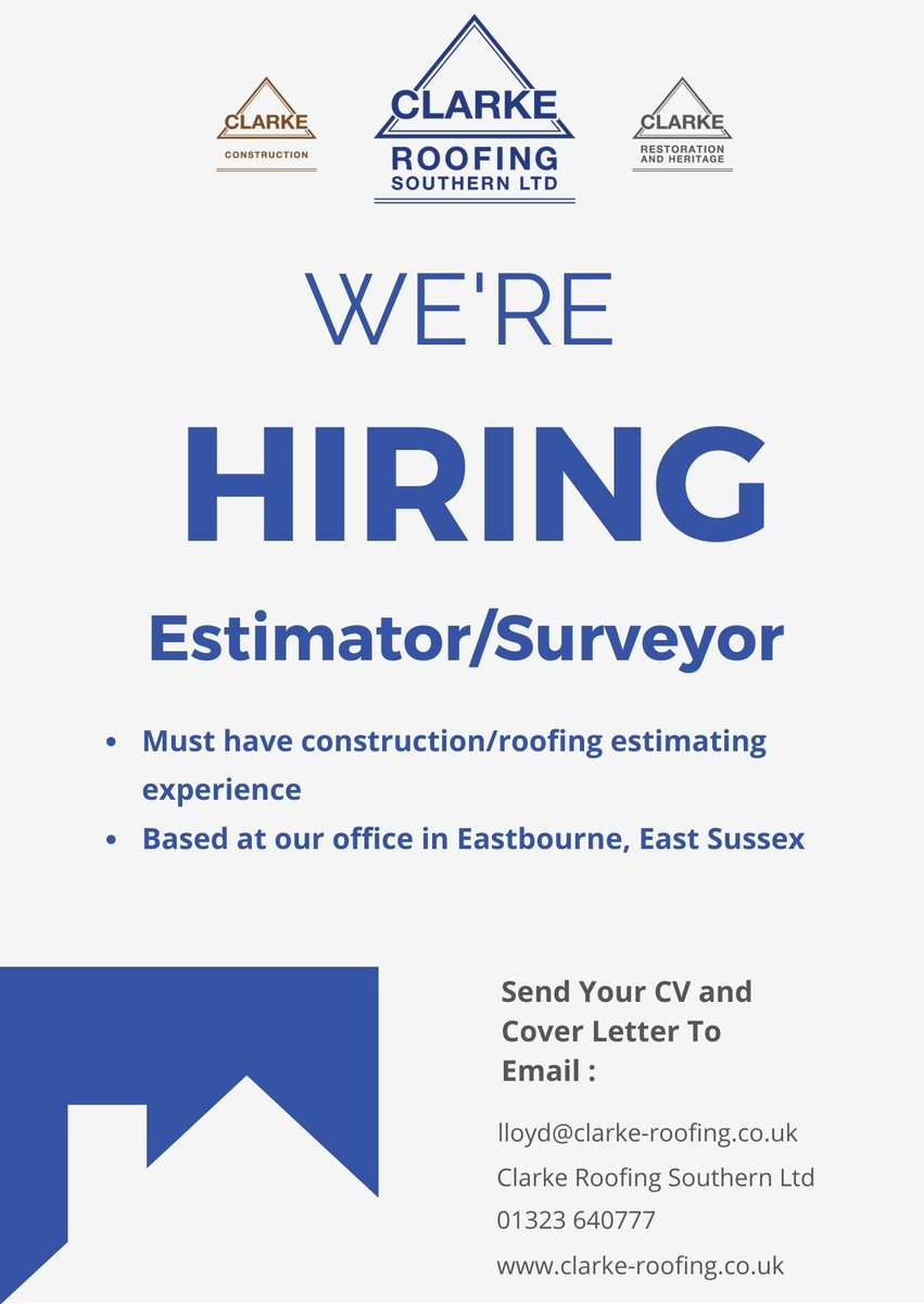 ClarkeRoofingSL's tweet photo. See post for an exciting job opportunity! 

#jobvacancy #estimator #roofing #construction #eastbourne https://t.co/DtLNEGXA0g