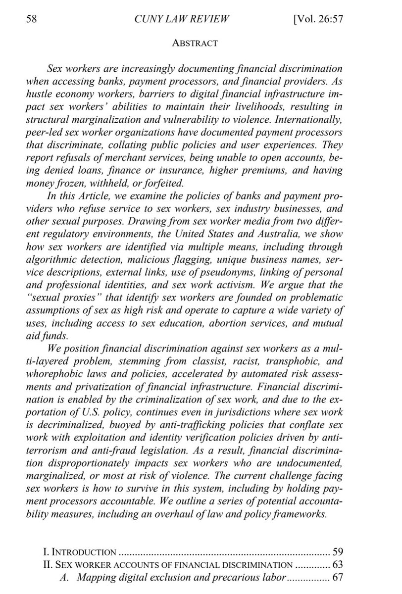 ZahraStardust's tweet image. Hot off the press! We write how financial discrimination against sex workers results from whorephobia, racial capitalism &amp;amp; carceral politics. Thanks to my brilliant co-authors
@MissBluntNYC @stabriella @MissLoreleiLee @KateDAdamo
@rachelkuo @CUNYLawReview academicworks.cuny.edu/clr/vol26/iss1…