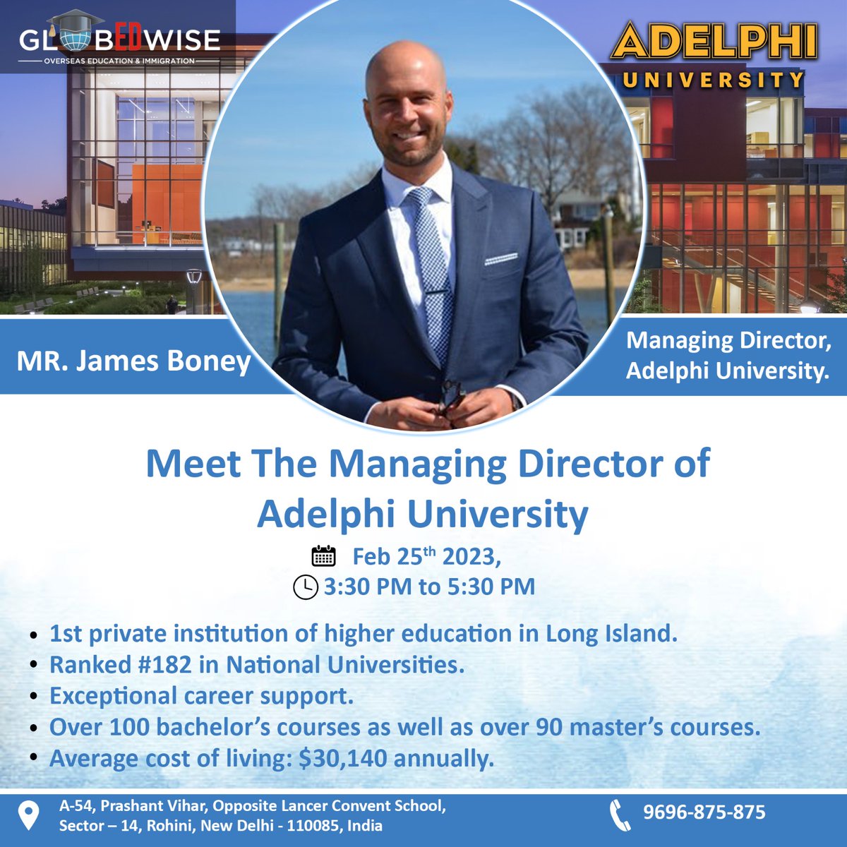 globedwise's tweet image. We are happy to announce that Adelphi University's managing director, Mr. James Boney, will pay a visit to the Globedwise head office on February 25, 2023.
#usa #adelphiuniversity #usuniversity #studyinusa #newyorkuniversity #managingdirector #representative #studyabroad2023
