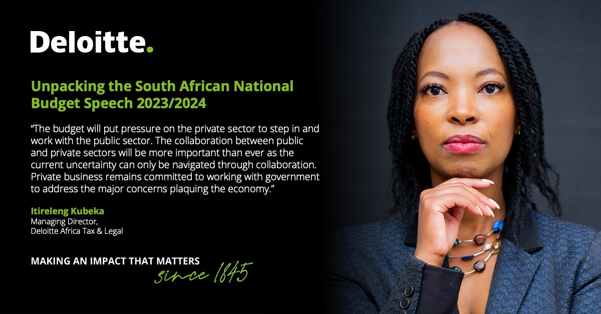 DeloitteSA's tweet image. Our experts share their insights and commentary following the #BudgetSpeech2023 yesterday, reflecting on whether the trade-offs in the budget will adequately solve the long-term economic situation in South Africa 👉 deloi.tt/3EzgNUC.