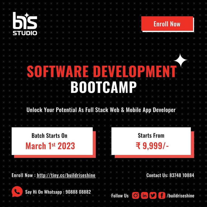 buildriseshine's tweet photo. BRS Studio is here with a unique Software Development Bootcamp to unlock your potential as a Full Stack Web &amp; Mobile App Developer. Enroll now for our Software Development Bootcamp  https://t.co/5LvbMTo5zx 
Contact:+91 8374810884
#nyros #brs #buildriseshine #Training #coding https://t.co/3PC1d6zLi8