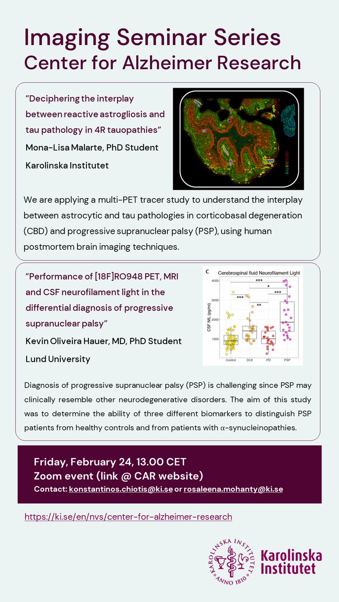 We are ready for another term of our 🧠 imaging seminar <a href="/CAR_Karolinska/">Center for Alzheimer Research at KI</a>! Kicking us off are <a href="/MonaLisaMalarte/">Mona-Lisa Malarte</a> and Kevin Oliveira Hauer (<a href="/lunduniversity/">Lund University</a>) who will discuss their work on investigating 4R tauopathies. Feel free to reach out to <a href="/inKostasMind/">Konstantinos Chiotis</a> or me for the zoom link!