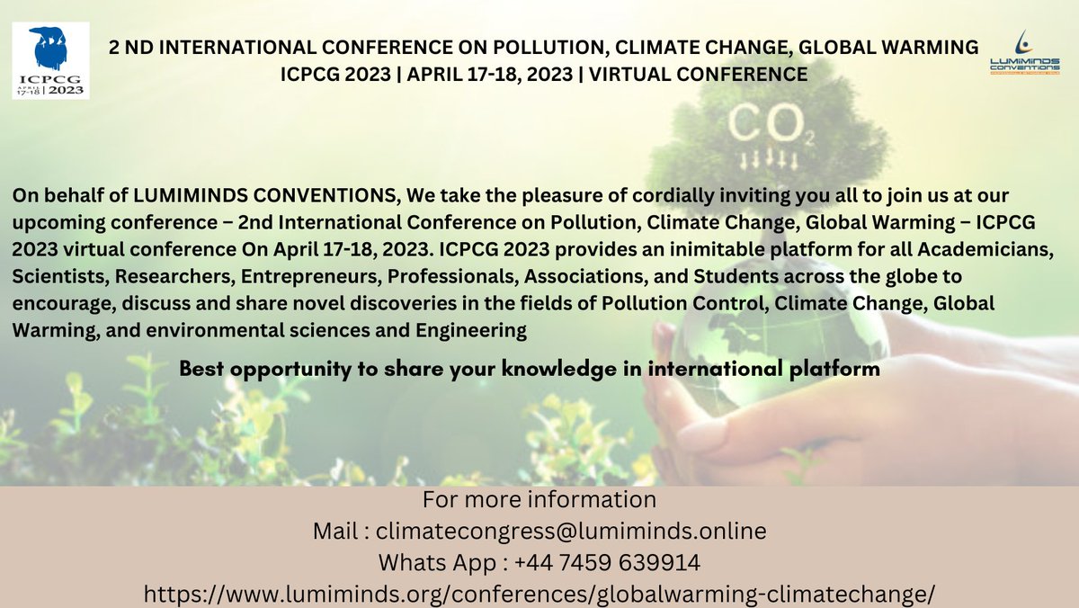 GlobalWarmingC4's tweet photo. #lumiminds Welcomes #professors #AssistantProfessor #lecturers #students #industrialists related to #pollutioncontrol #globalwarming #climatechange and it's related fileds to #share their #researches #abstract @  #virtualconference of #ICPCG2023 https://t.co/pYS4njJkjz