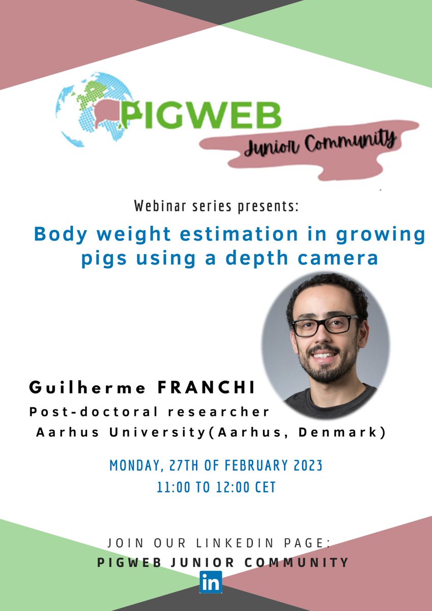 PIGWEB_H2020's tweet photo. 👩🔬Join #PIGWEB Junior Community and learn more about #pigresearch!
💻Webinar: Body weight estimation in growing #pigs🐷 using a depth camera by Guilherme Franchi from @AarhusUni
🗓️ Monday 27 Feb
🕐11h-12h
🔗Link to access here: https://t.co/YMIda5KdtR https://t.co/yU7jyYByLM