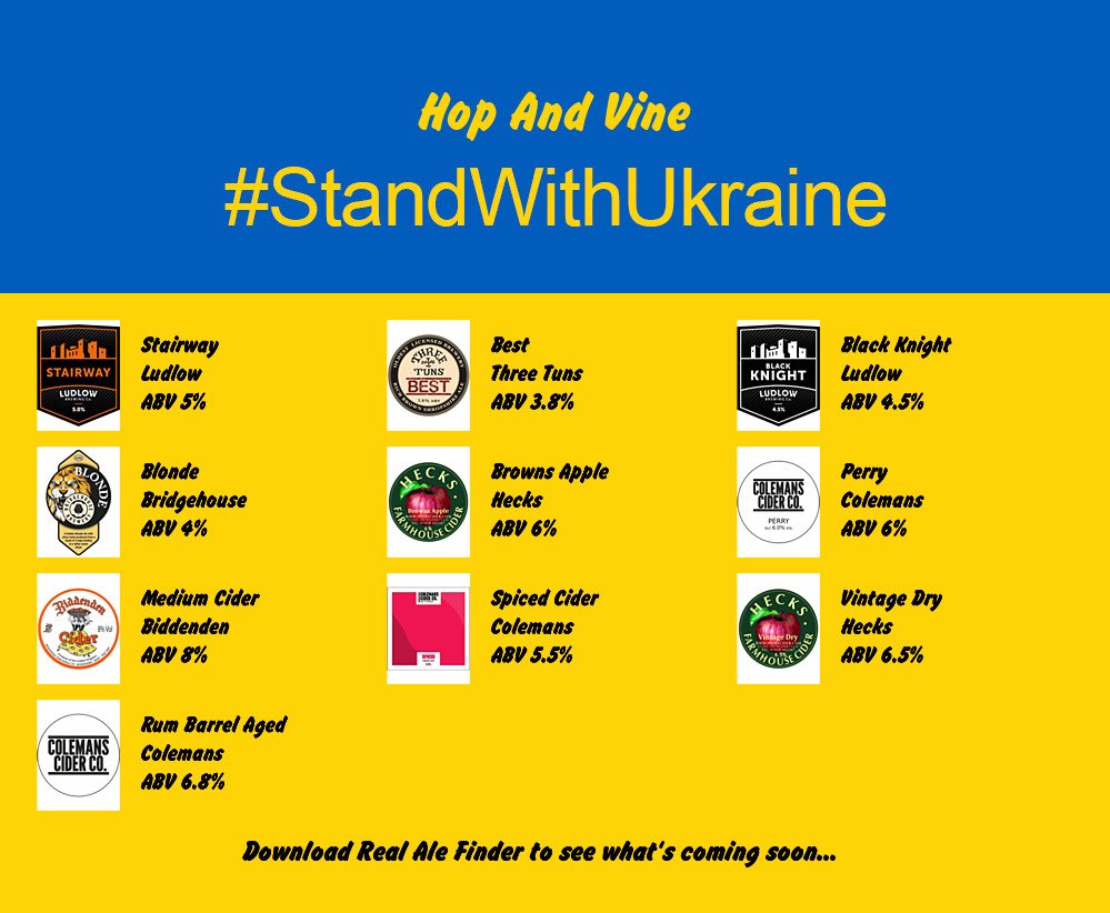 Hop and Vine, Hull (@tonyatthehop) on Twitter photo On the bar today at the Hop and Vine!
Beer Board: goo.gl/2RZNU6
#StandWithUkraine #Ukraine <a href="/ludlowbrewery/">Ludlow Brewery</a> <a href="/ThreeTunsBrewer/">Three Tuns Brewery</a> <a href="/BBrewery/">Bridgehouse Brewery</a> <a href="/HecksCider/">Hecks Cider</a> @colemanscider <a href="/BiddendenVine/">Biddenden Vineyards</a>
#RealAleFinder On the bar today at the Hop and Vine!
Beer Board: goo.gl/2RZNU6
#StandWithUkraine #Ukraine <a href="/ludlowbrewery/">Ludlow Brewery</a> <a href="/ThreeTunsBrewer/">Three Tuns Brewery</a> <a href="/BBrewery/">Bridgehouse Brewery</a> <a href="/HecksCider/">Hecks Cider</a> @colemanscider <a href="/BiddendenVine/">Biddenden Vineyards</a>
#RealAleFinder