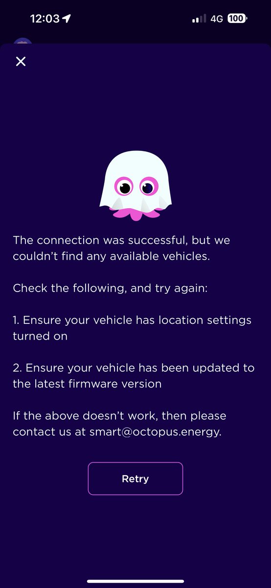 cow6490's tweet photo. @OctopusEnergy hi octopus. Trying to connect Skoda to intelligent octopus. Just keep getting this. Car location is set to on. Could you help please. https://t.co/ft1GQwSVcQ