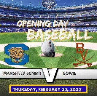 live_texan's tweet photo. Mansfield Summit 🆚 Bowie | Varsity Baseball
Jaguars @ Volunteers 
📆 :Thursday, February 23, 2023
⏰ : 12:15 PM
📺 : https://t.co/IyDHqPZctY

@MISDSummitJags 
@CoachLaborte 
@SHS_OSHOW
@JamesBowieHS 
@coachjsam 
@kelby2valsin
@SummitJagBaseb1
@theycallmecoach
@BaseballBowie https://t.co/IVvTCxZOJe