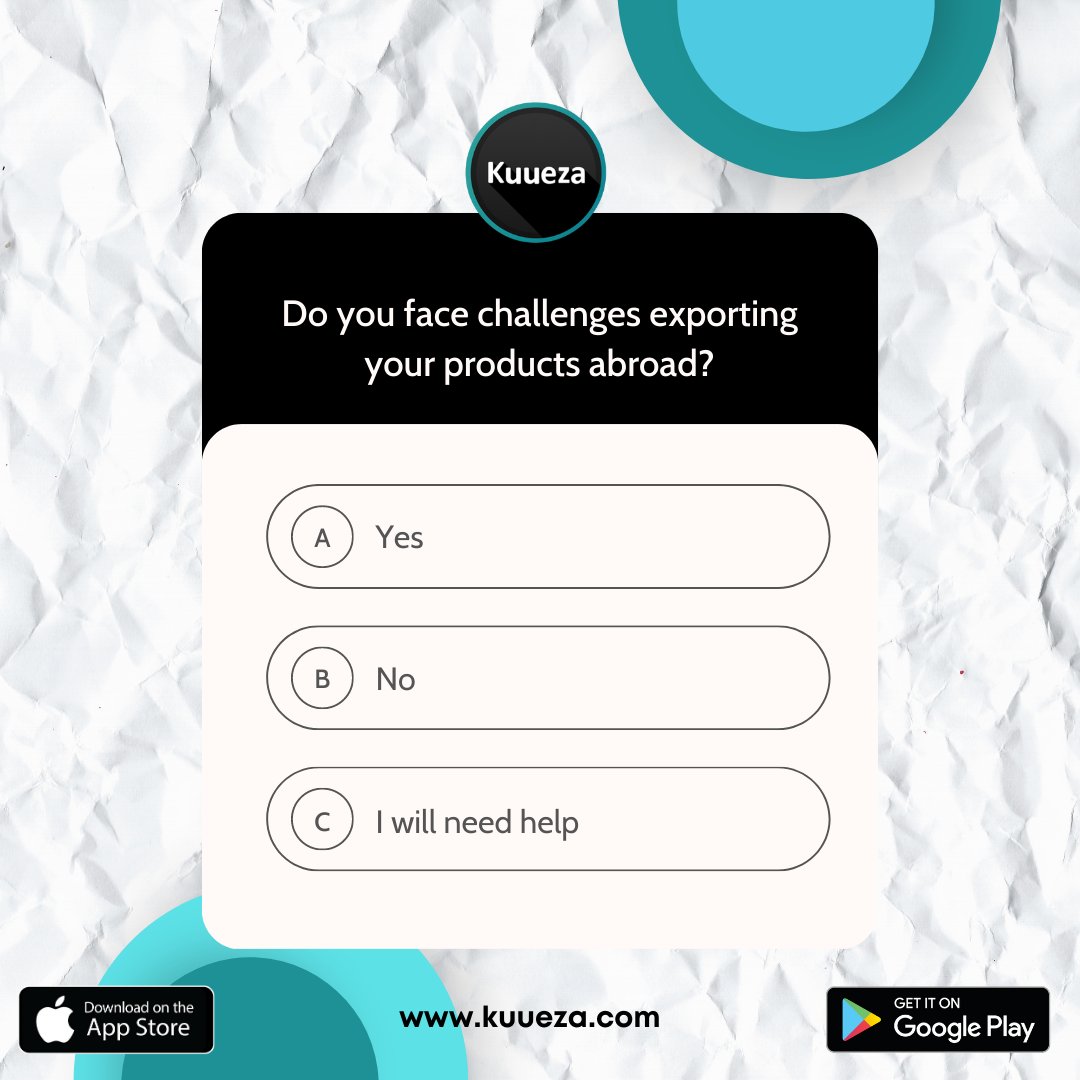 kuueza's tweet image. Let&apos;s play a game of global business expansion! 🌎🚀 

Do you want to expand your business to other countries but don&apos;t know how? Take this poll and let&apos;s work together in creating solutions for you!!!
🌍 #BusinessExpansion #NewMarkets #ExportChallenges #GlobalBusiness
#challenge