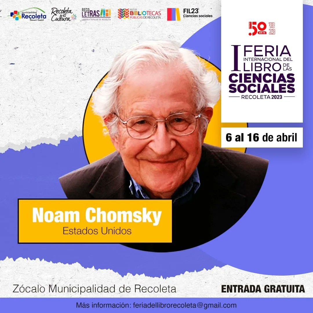 El gran Noam Chomsky se suma a nuestra primera feria internacional del libro 2023 en Recoleta. Pronto tendremos la programación por día, pero desde ya vayan reservando un espacio entre el 6 y el 16 de abril. Se vienen muchas más sorpresas! #RecoletaEsCultura #RecoletaMuchoMejor