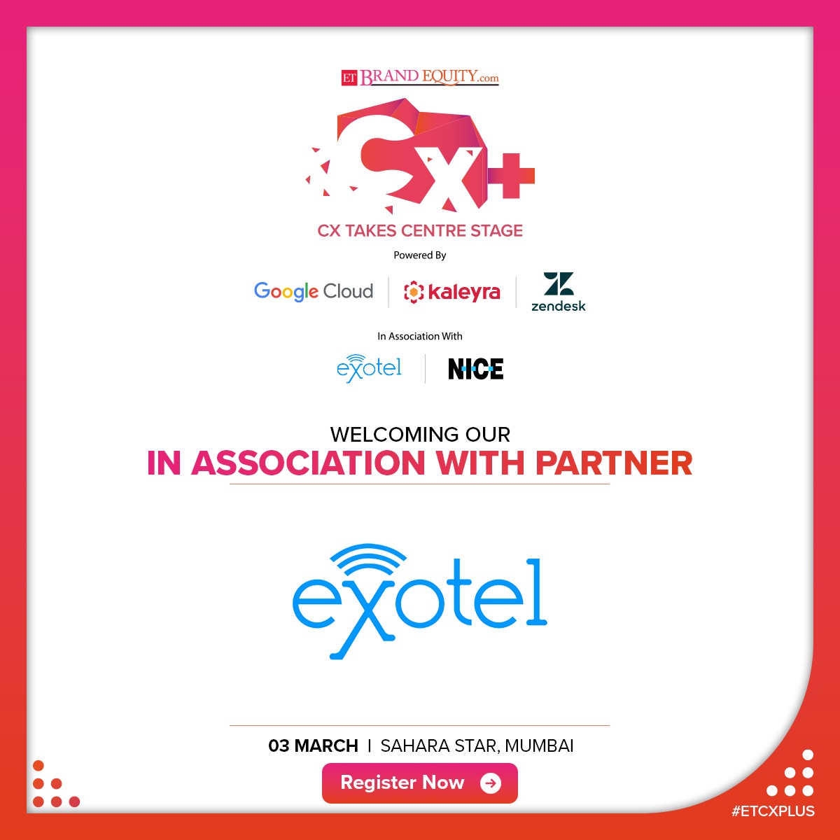 ETBrandEquity's tweet photo. We are elated to have @Exotel as our In Association With Partner at #ETCXPlus.
Register now: https://t.co/XmIWLb1h9z
#CustomerExperience #Technology #Customer #Omnichannel #NewCommerce https://t.co/TL3ciCE6Wx