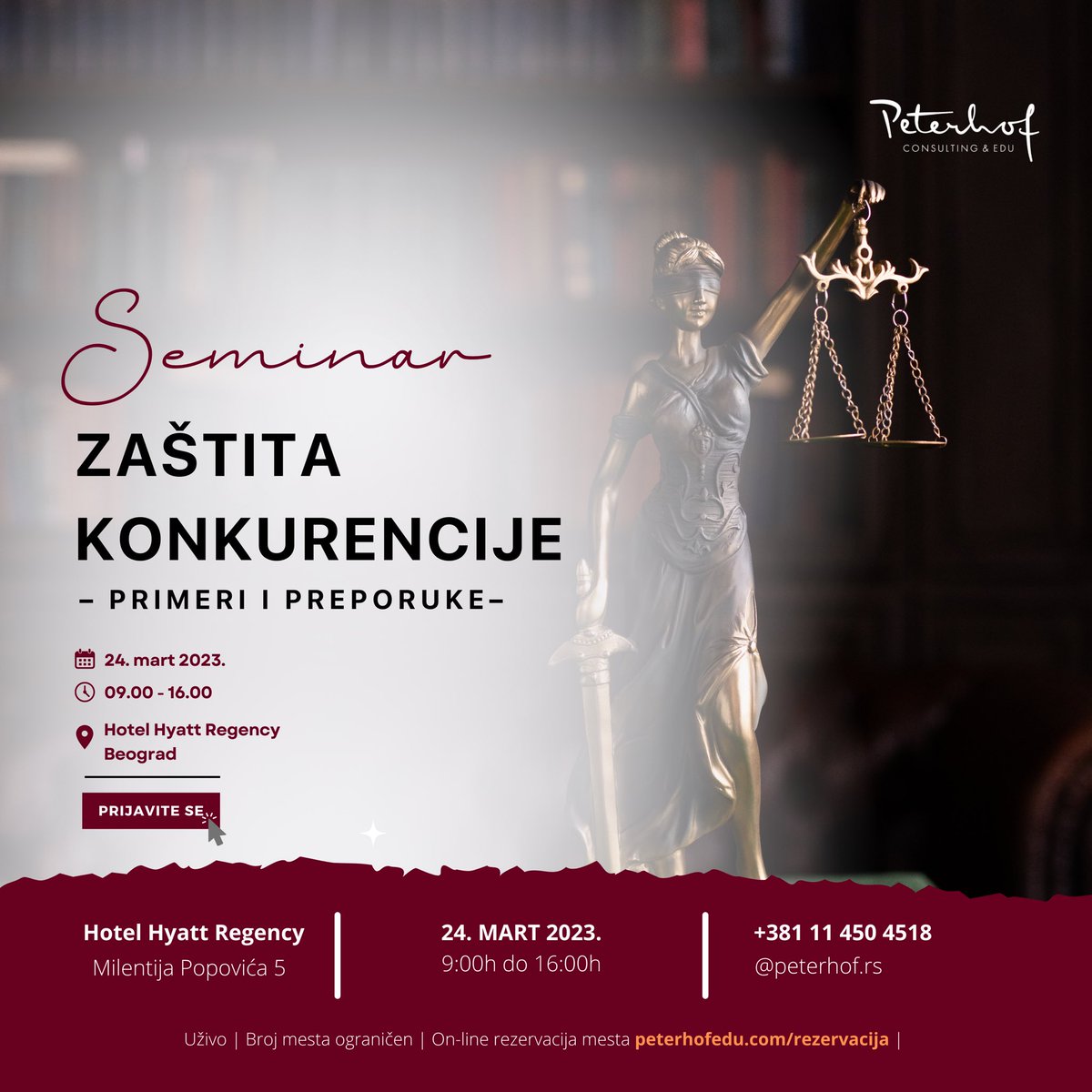 PeterhofRs's tweet photo. Peterhof Consulting &amp; Edu Vas poziva na seminar “Zaštita konkurencije – primeri i preporuke”, koji se organizuje 24. marta 2023. godine u hotelu Hyatt Regency u Beogradu.
 
Agenda programa: https://t.co/pYXUXFadfI 
On-line rezervacija: https://t.co/1CGOUat71b https://t.co/jVmvhfRSKU