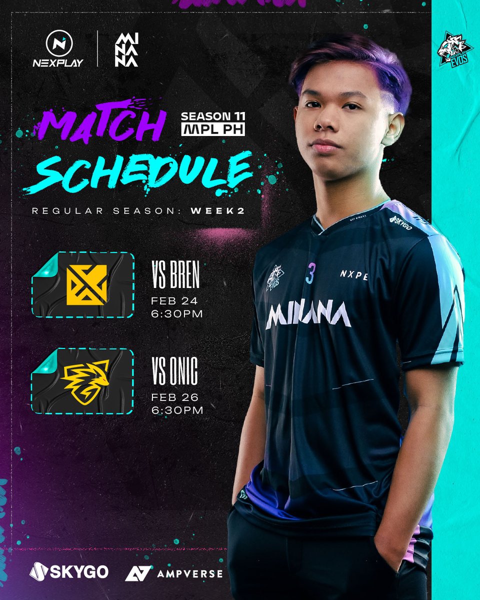 NexplayEsports's tweet photo. It's week 2 of MPL-PH and here's our upcoming matchups!

FEBRUARY 24 
6:30 PM: vs Bren Esports

FEBRUARY 26
6:30 PM: vs Onic Philippines

#MPLPhilippines #NexplayEsports #NexplayEvos #ExcellenceInherited  #NexplayxMinanaMPLPhSeason11 #PlayyourPassion https://t.co/O0tCMUDdxX