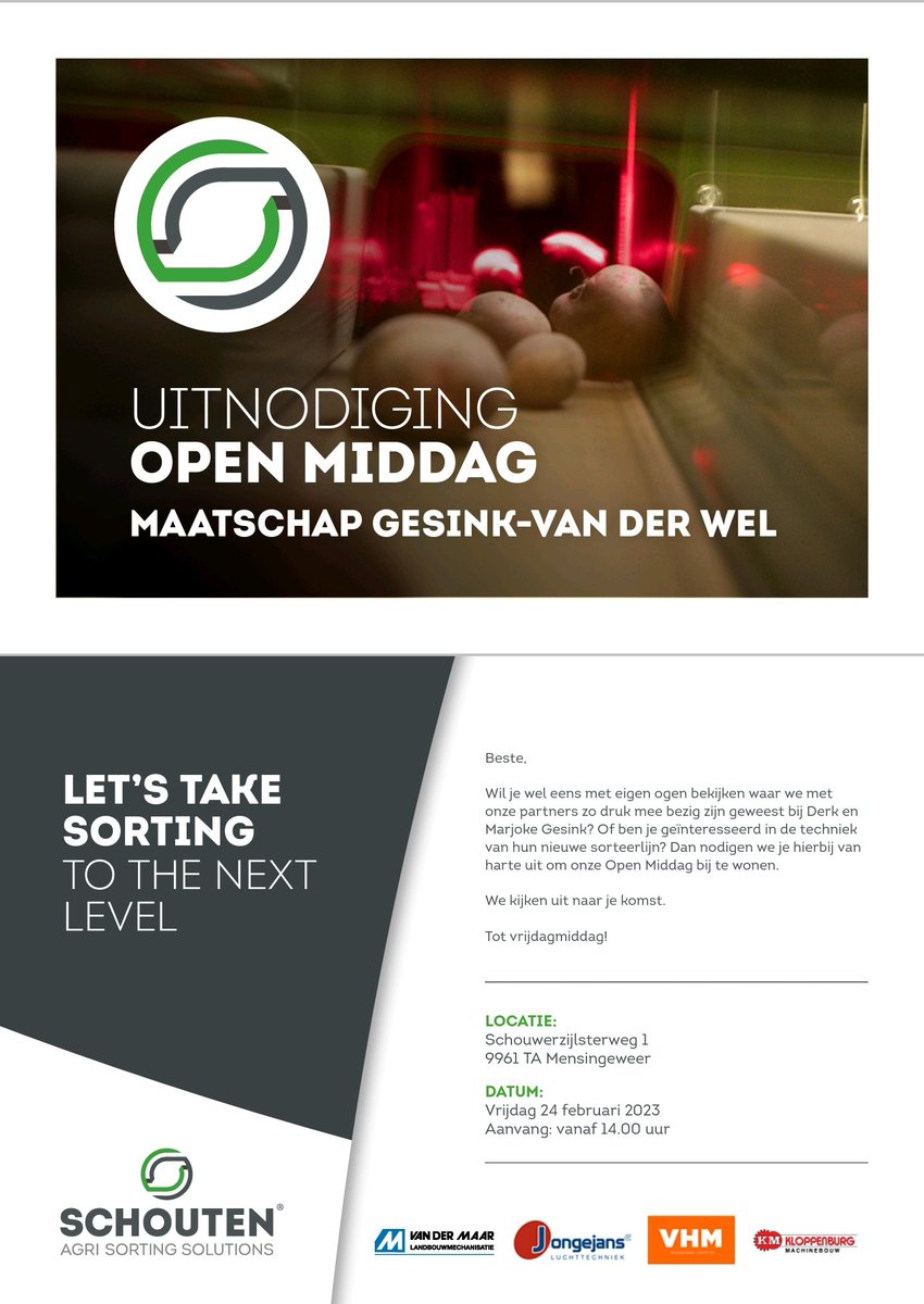 kvandermaar's tweet photo. Wees welkom, we heten u samen met @VHMMACHINERY @InvaroS #KloppenburgMachinebouw en #JongejansLuchttechniek van harte welkom morgenmiddag. Laat u informeren over de mogelijkheden van optisch sorteren. https://t.co/7paC9YLYvj