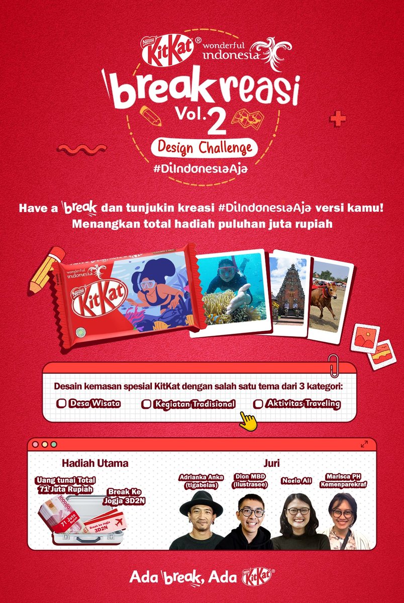 artistmenfess's tweet photo. Breakers!

KitKat balik lagi dengan KitKat Breakreasi Challenge Volume 2: Di Indonesia Aja! loh. Pastinya kompetisi desainnya makin seru dan makin menarik dengan berbagai hadiahnya!

... https://t.co/pVlpXDaNNC