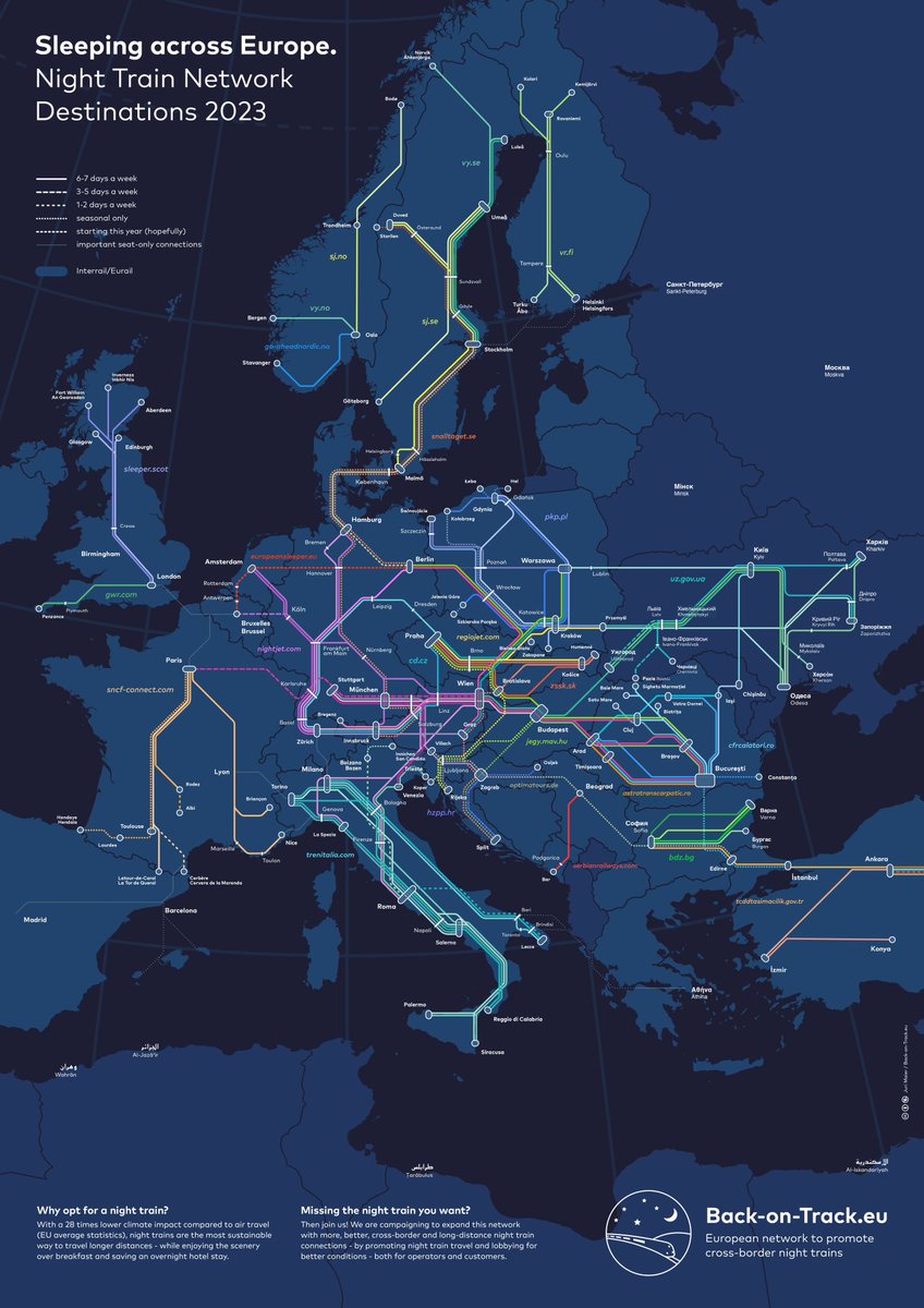 PetitBogie's tweet photo. Tous les trains de nuit européens sur une seule carte, c’est possible ! 🤩🚂

Merci à @BackOnTrackEU pour la réalisation ! ⤵️

https://t.co/3SBaBtLEwN https://t.co/oIa6eJWjjJ