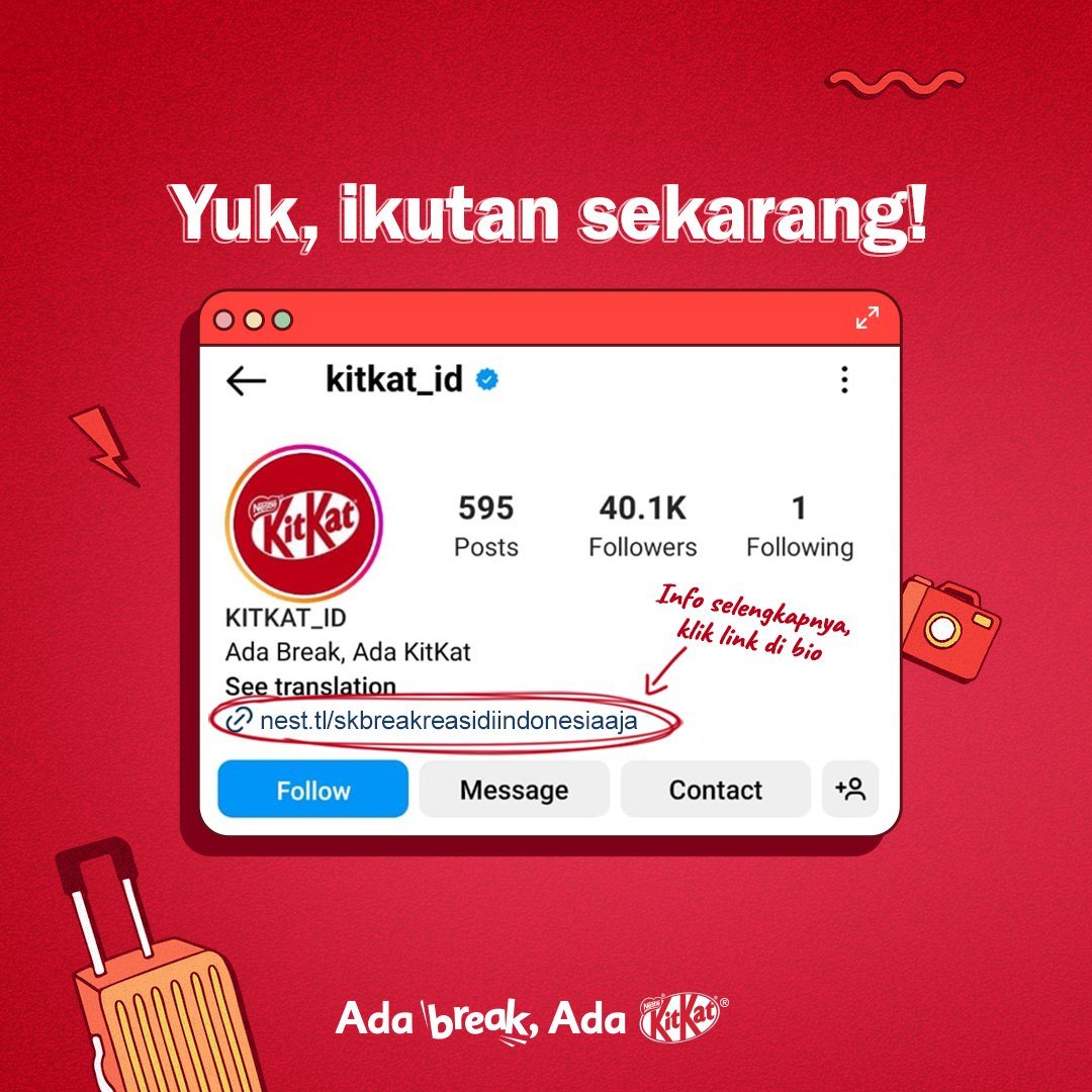 artistmenfess's tweet photo. Breakers!

KitKat balik lagi dengan KitKat Breakreasi Challenge Volume 2: Di Indonesia Aja! loh. Pastinya kompetisi desainnya makin seru dan makin menarik dengan berbagai hadiahnya!

... https://t.co/pVlpXDaNNC
