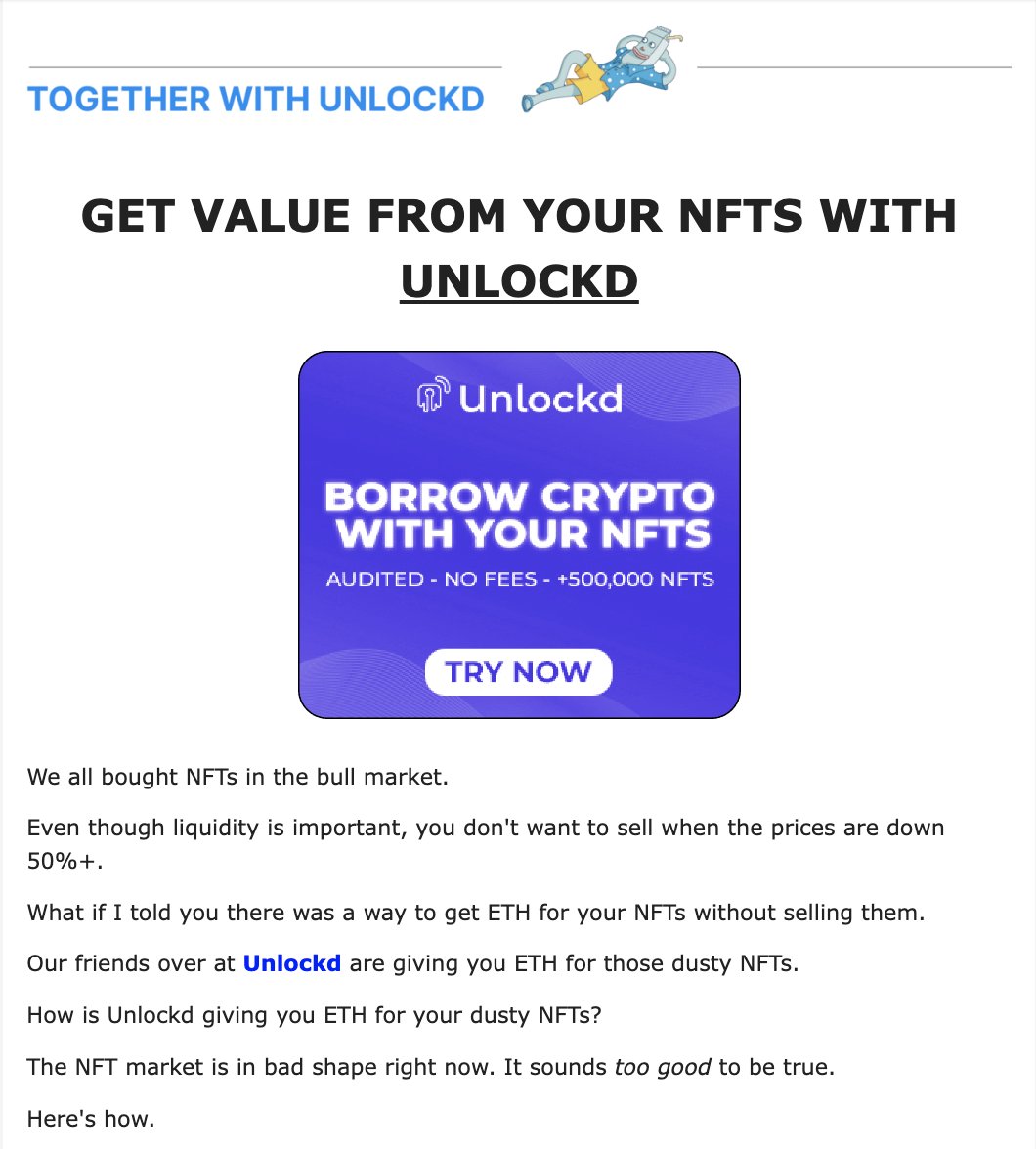 Our friends at <a href="/milkroad/"></a> explained yesterday why Unlockd is a game-changer.

If you want to get ETH from your NFTs without selling them, this is for you.

👇 Read the full newsletter to find out how (and learn more cool alpha) 👇 

🥛 milkroad.com/news/major-con…