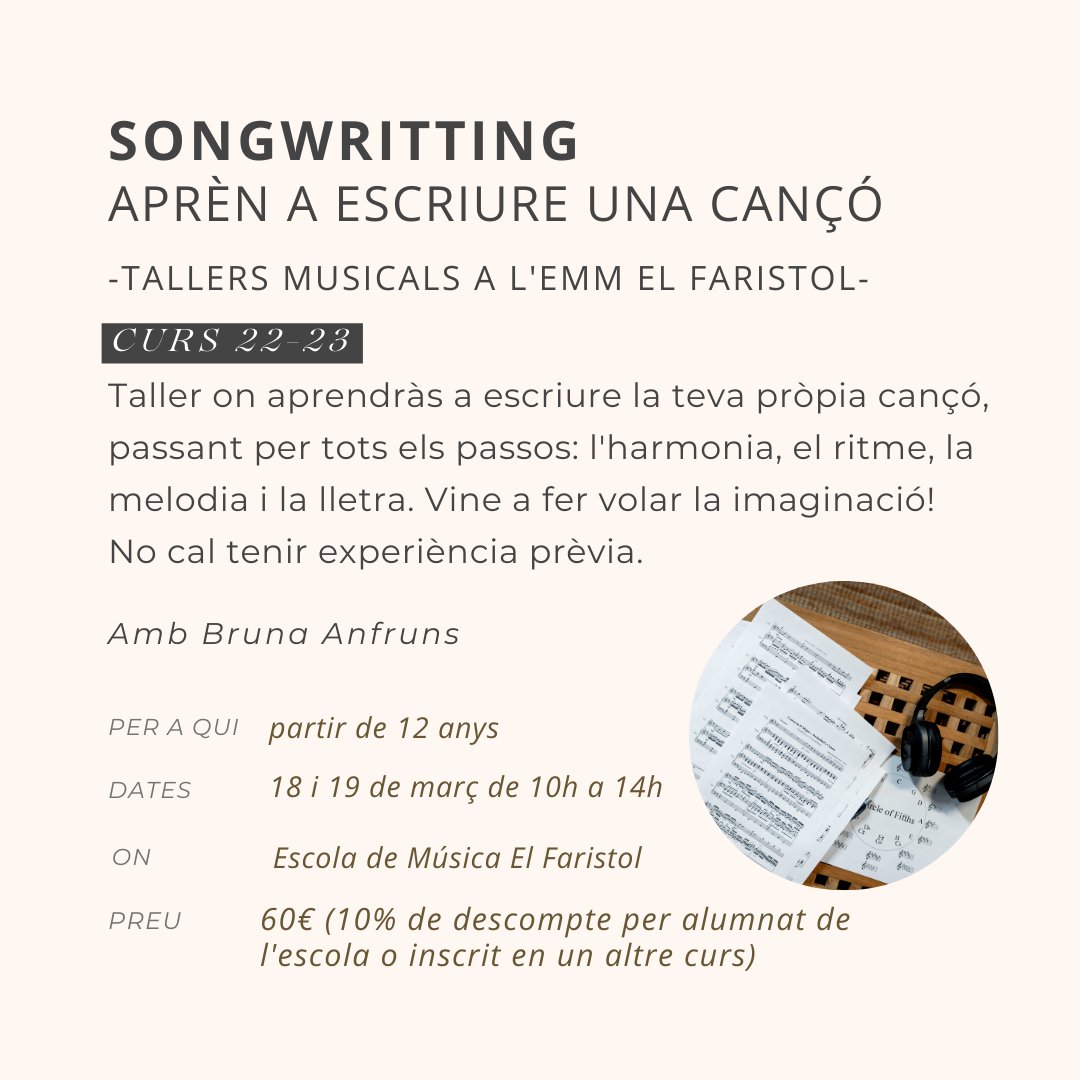 emmfaristol's tweet photo. 🖊️🎼 Sempre has volgut compondre les teves pròpies cançons? No t'ho pensis més!
☝️ No cal tenir experiència prèvia.
Inscripcions i informació aquí:
https://t.co/BEPm1x7DxT
#tallers #tallersmusicals #composicio #capdesetmana #piano #guitarra #ukelele #escolademúsica #emmfaristol https://t.co/MbR9HLFQE7