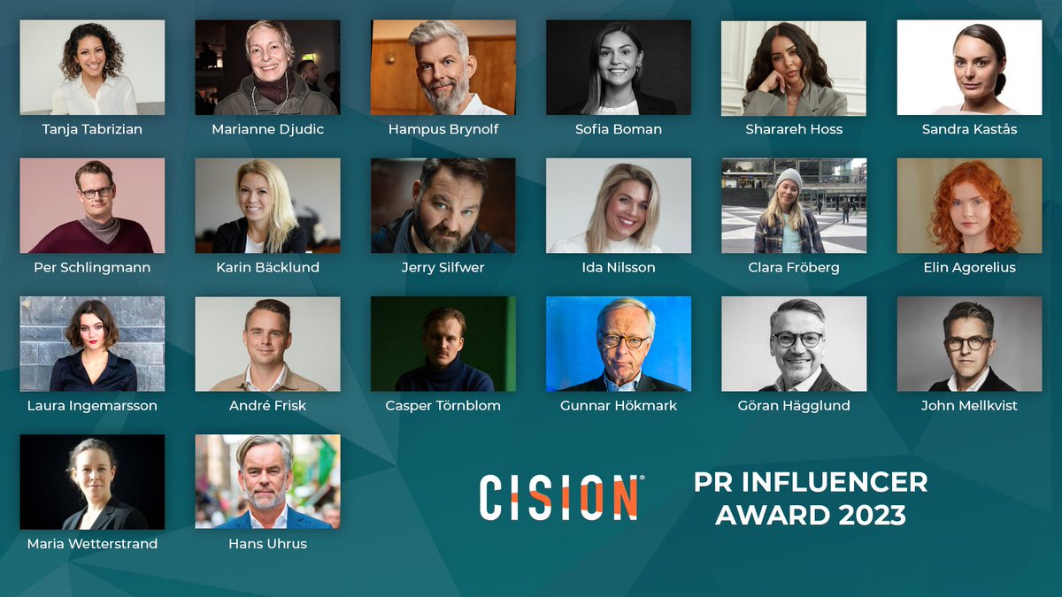 Här är de 20 nominerade till “Cision PR Influencer Award 2023”, grattis till er alla!  
cision.se/artiklar-och-t…
Priset går till den konsult inom PR och kommunikation, som har haft störst digitalt inflytande under det gångna året. Och vinnaren presenteras på Spinngalan 23 mars.