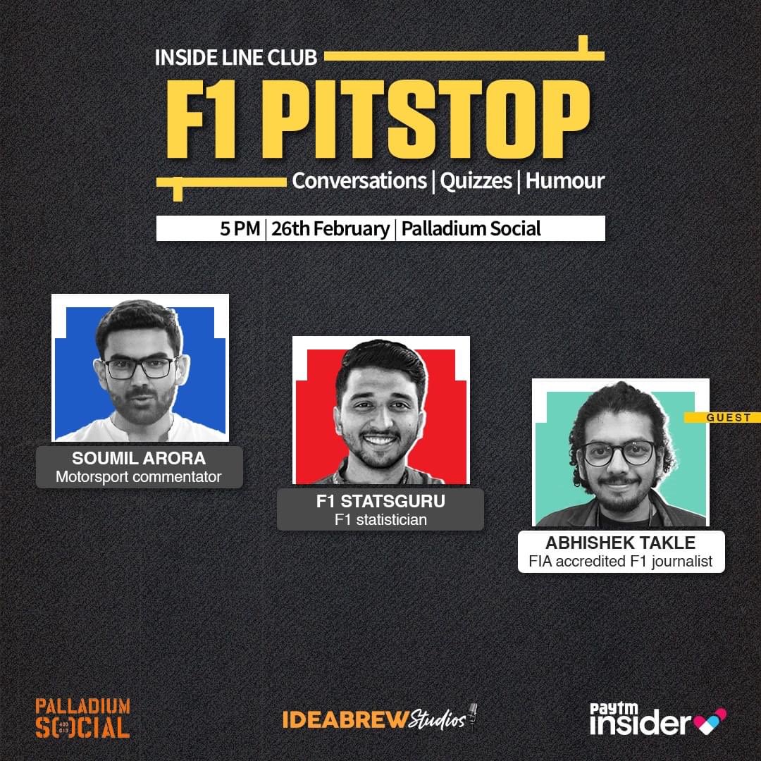 bingepods's tweet photo. We're back! With the second edition of #F1Pitstop featuring @f1statsguru
@iamsoumilarora and @abhishektakle
When? 26 Feb
Where? Palladium Social, Mumbai
Time? 5-7 pm
Register: https://t.co/CubLVd4P79
@insidelinef1pod
#F1Testing https://t.co/LKwm4CV0Ao